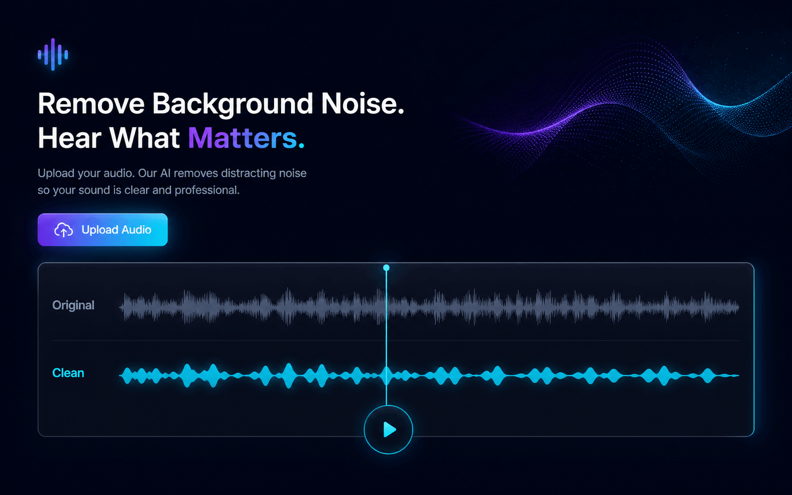 Background noise removal comparison player showing Original and Clean waveforms on one timeline