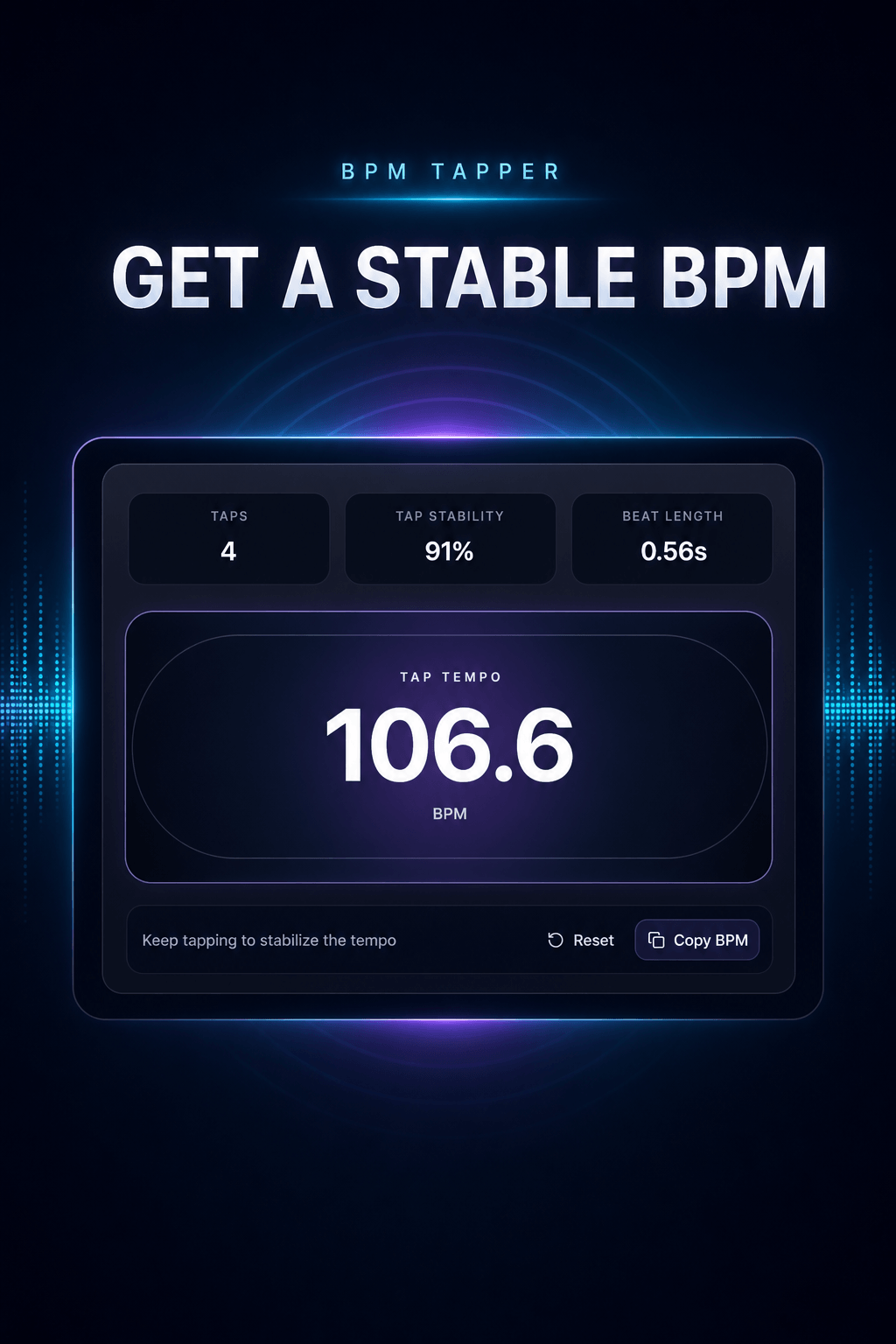 BPM Tapper result showing 106.6 BPM and 91 percent tap stability